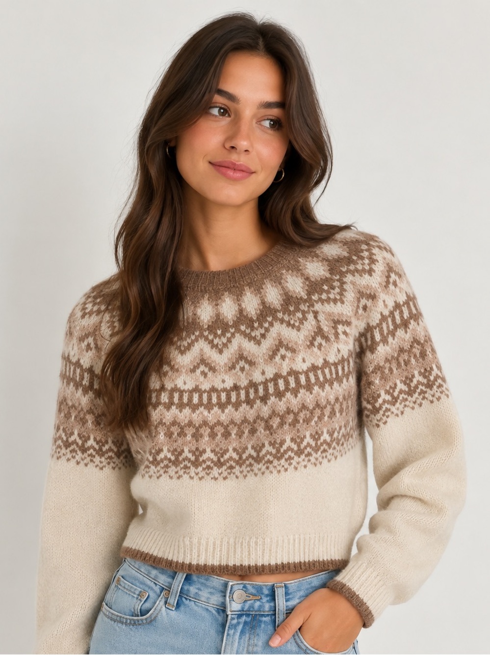 Garage Cozy Crewneck Sweater - Cream & Light Brown